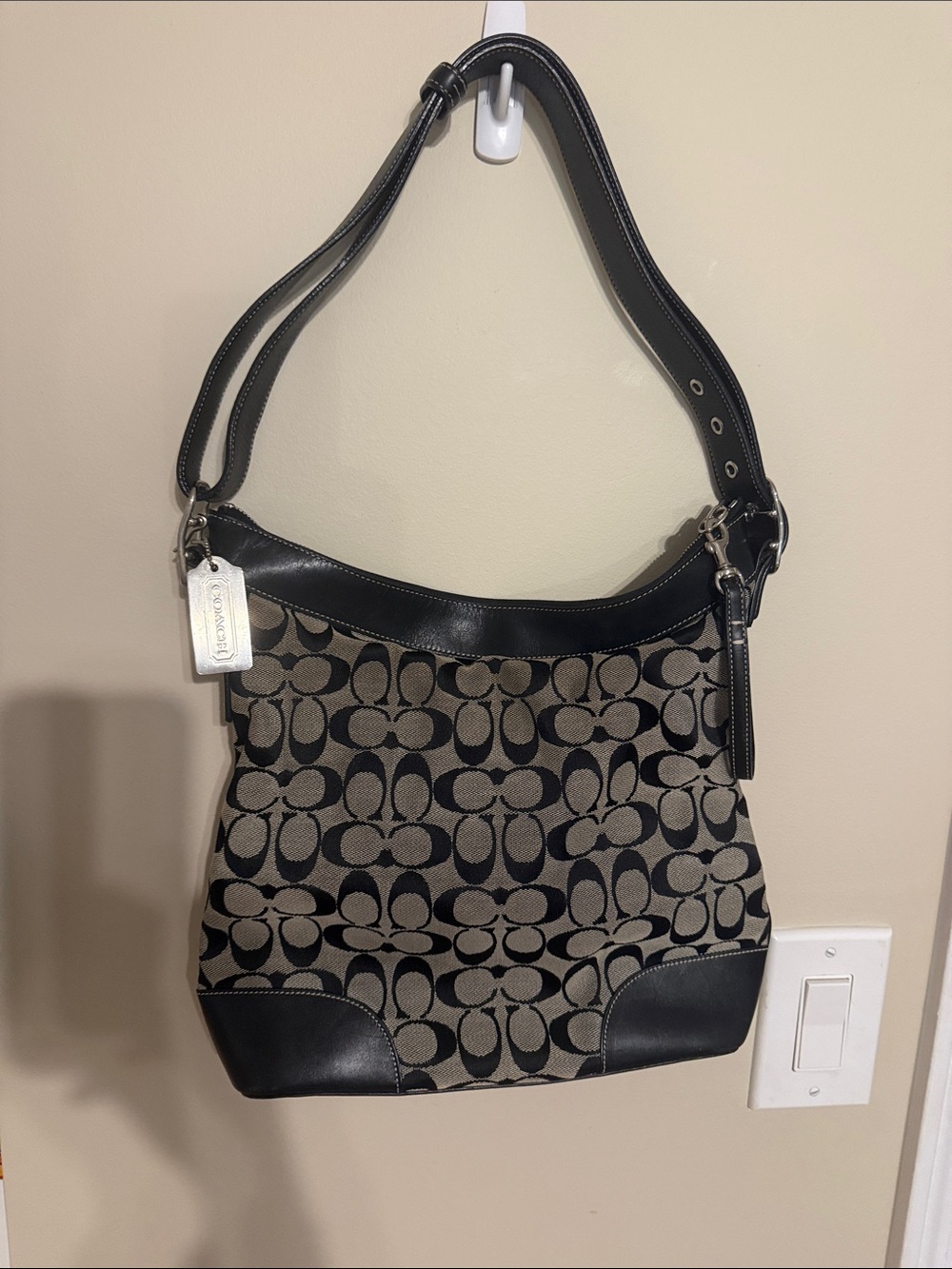 Coach Black and Khaki Signature Canvas Hobo Shoulder Bag